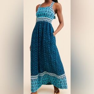 Faherty Gracie Linen Maxi Dress Blue Size Small